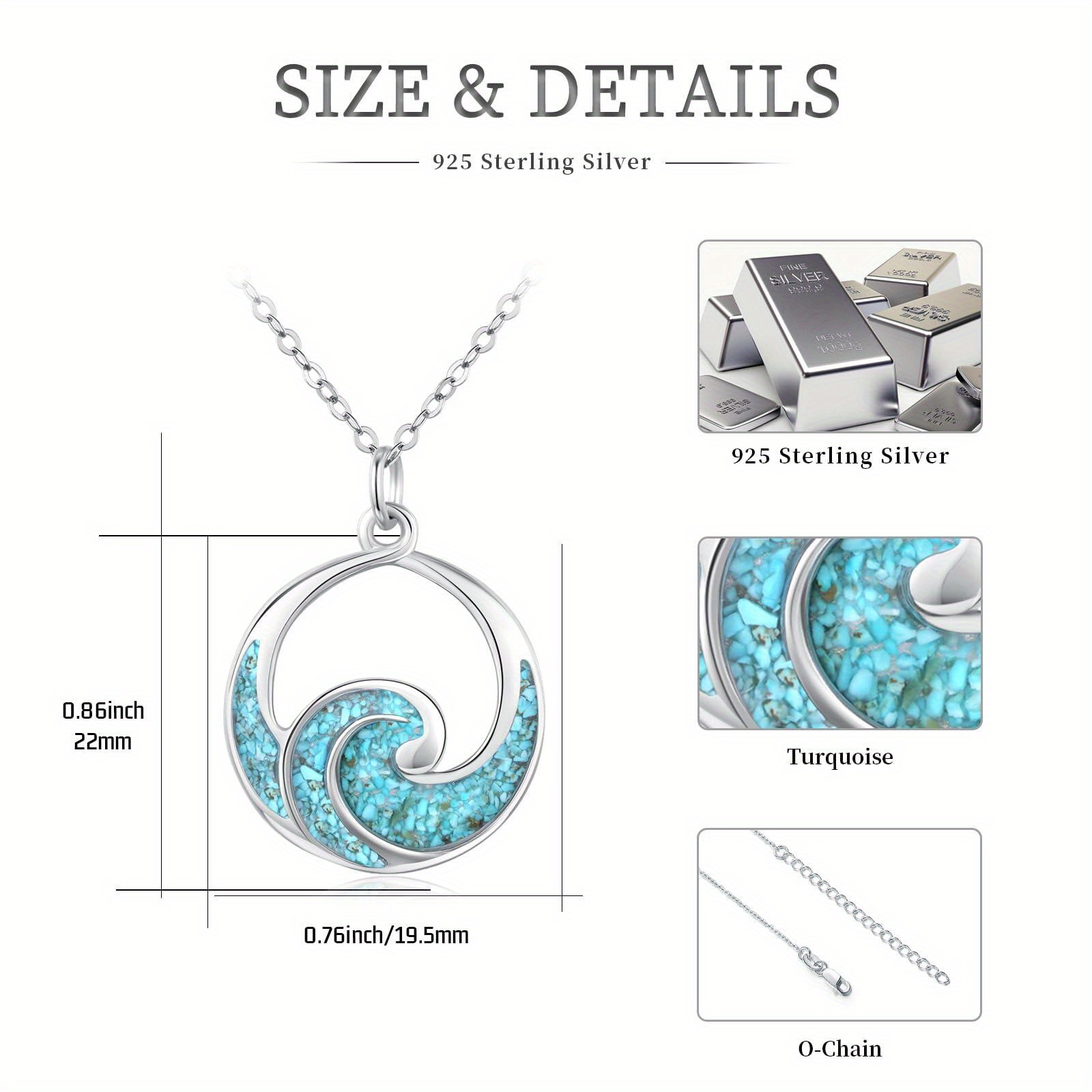 Waves Necklace 925 Sterling Silver Turquoise Crushed Stone Ocean Pendant Jewelry